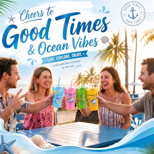 Chuangdi 12 Pcs Cruise Ship Gifts Bulk Nautical Birthday Party Favors 24 oz Funny Cruise Tumbler with Lid and Straw, Reusable Plastic Beach Travel Cups for Sailor Carnival Nautical Party Supplies - style: Cruise Theme