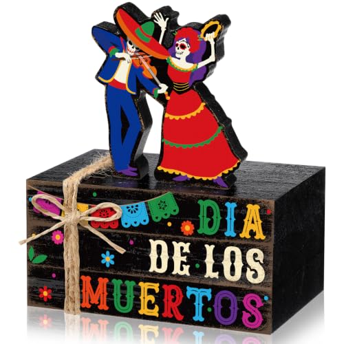 Geelin 4 Pcs Dia De Los Muertos Decorations Wooden Book Stack Signs, Day of the Dead Table Decor, Catrina Skeleton Mexican Decor for Altar Shelf Mantel Office Desk Decorations - style: Dia Muertos Skeleton