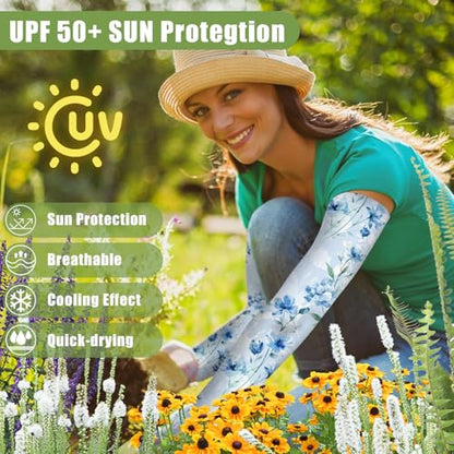 Bebila Gardening Sleeves for Women Farm UV Sun Protection Anti-Scratch Cooling Sleeves with Thumb Hole Arms Cover Outdoors - color: Blue Rose