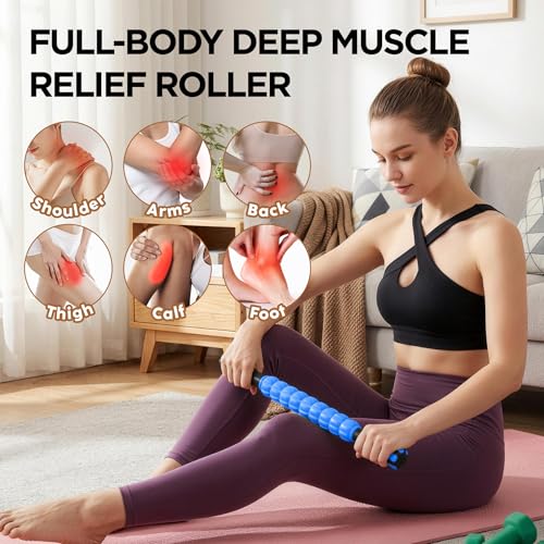 Muscle Roller & Massage Roller Stick for Athletes - Lymphatic Drainage Support, Relieves Muscle Soreness, Cramping & Tightness - Targets Legs, Arms, Back & Calves （Blue Wheel） - color: Blue