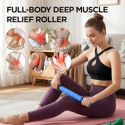 Muscle Roller & Massage Roller Stick for Athletes - Lymphatic Drainage Support, Relieves Muscle Soreness, Cramping & Tightness - Targets Legs, Arms, Back & Calves （Blue Wheel） - color: Blue