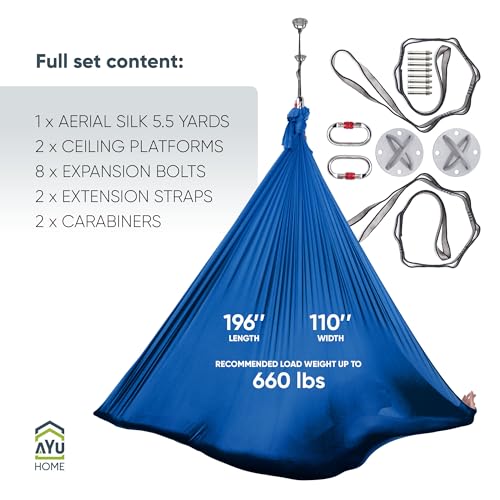 AyuHome Aerial Silks Kit for Home - Premium Yoga Swing for Adults with 660 lbs Capacity - Versatile Aerial Yoga Hammock for Gymnastics Training - color: Aerial silk - Precious Blue - New