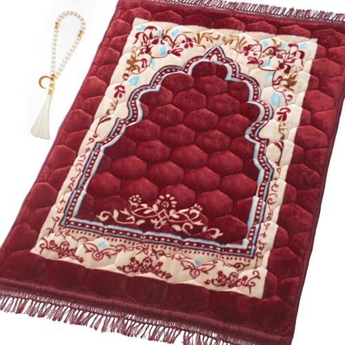 Muslim Prayer Rug with Tasbih Prayer Beads, Soft Large Prayer Matt Islam, Padded Islamic Prayer Mat Thick for Men and Women, Janamaz, Sajadah (31.5" x 47.2", Red) - color: Red