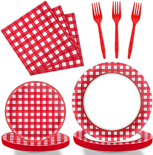 Tevxj 96 PCS Picnic Party Plates Red and White Gingham Checkered Plaid Party Tableware Barbecue Disposable Paper Plates Napkins Forks Birthday Party Decorations Supplies Favors for 24 Guests - style: Red and White Checkered