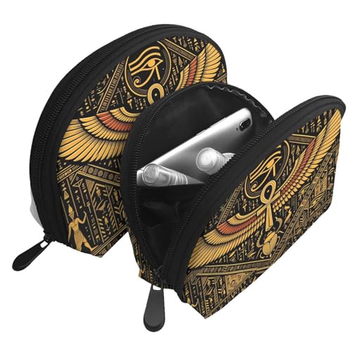 Egyptian Symbols Golden Hieroglyphic 2-Piece Shell Makeup Bag Set, Large Capacity Travel Cosmetic Bag For Women With Zipper, Waterproof Polyester Toiletry Organizer Pouch For Purse, Travel - color: Egyptian Symbols Golden Hieroglyphic