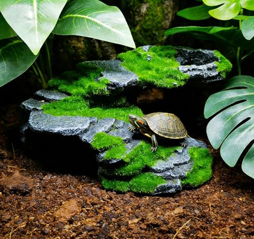 M2cbridge Reptile Hide Resting Step Ledge Cave Hideout Turtle Basking Platform – Great for Reptiles, Amphibians, and Fish (Moss Step Ledge B) - style: Moss Step Ledge B