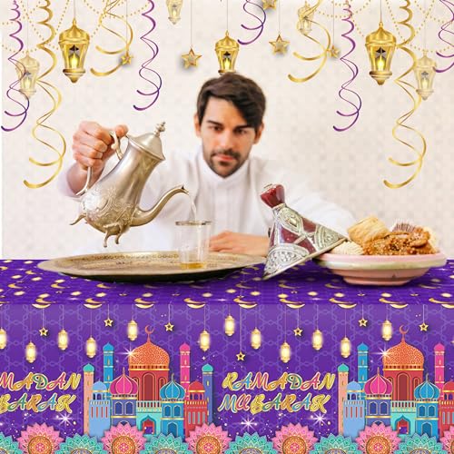1Pc Ramadan Party Plastic Tablecloth 54 x 87 Inch Long Table Cover, House Light Purple Gold Party Tablecover for Eid Mubarak Baby Shower Birthday Dinner Picnic Kitchen Event Use - color: House Light Purple Gold Ramadan