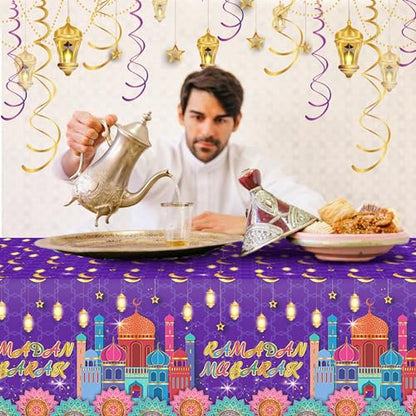 1Pc Ramadan Party Plastic Tablecloth 54 x 87 Inch Long Table Cover, House Light Purple Gold Party Tablecover for Eid Mubarak Baby Shower Birthday Dinner Picnic Kitchen Event Use - color: House Light Purple Gold Ramadan