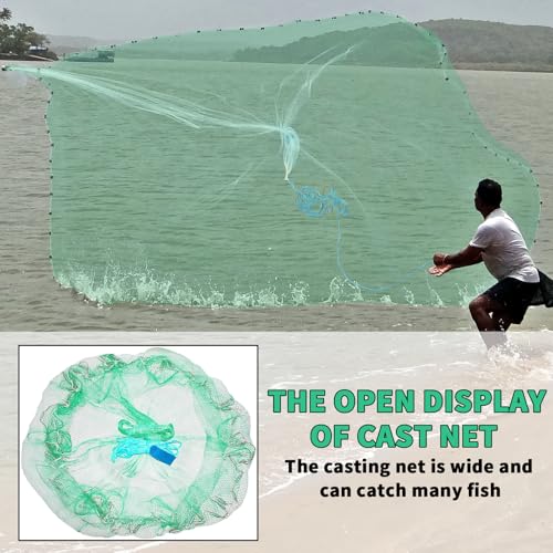 Saltwater Fishing Cast Net Eco-Friendly Rubber Sinker 1/2 Inches Mesh for Bait Shrimp Trap Fish Size 4FT/5FT/6FT/7FT/8FT/9FT/10FT/11FT/12FT Radius - color: green, size: 7ft