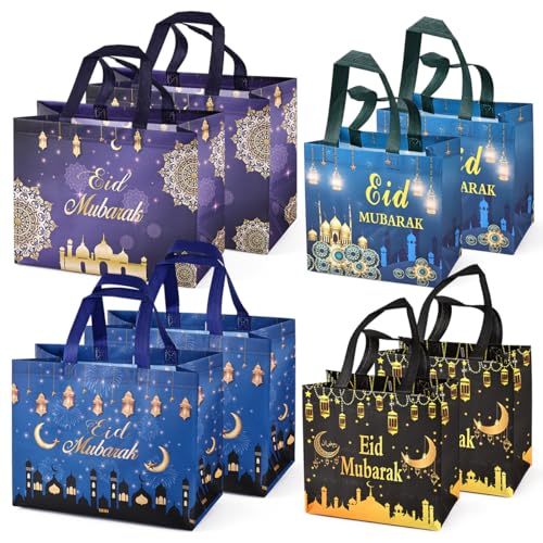 Aviski Eid Mubarak Gift Bags, 8Pcs Reusable Non-Woven Tote Bags, Assorted Sizes, Multicolor, for Eid Parties & Gift Packaging, Small: 23×22×11cm, Large: 32.5×25×17cm
