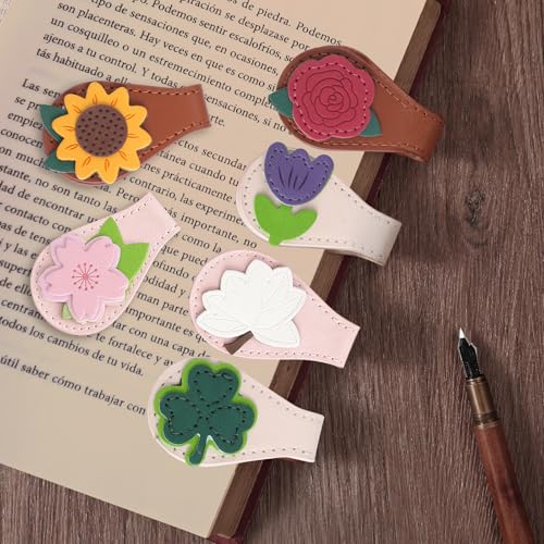 6 Pack Magnetic Leather Bookmarks, PU Page Markers for Books - color: Flower