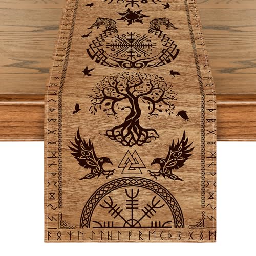 Artoid Mode Wood Viking Tree of Life Raven Helmet of Awe Table Runner, Seasonal Kitchen Dining Table Decoration for Home Party Decor 13x36 Inch - color: Brown, size: 13" x 36", Table Runner