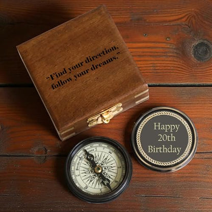 Personalized Brass Compass with Wooden Box – Custom Engraved Inspirational Compass Gift for Birthday, Wedding, Anniversary, Graduation, Retirement & Special Milestones