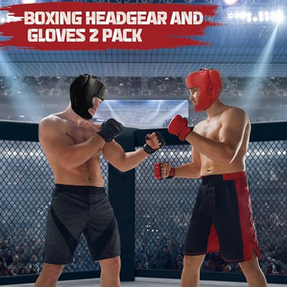 Boxing Gloves and Headgear Set Including 2 Pack Boxing Headgear and 2 Pack Boxing Gloves Boxing Equipment Sparring Gear Equipment for Beginners Adults - color: BlackRed