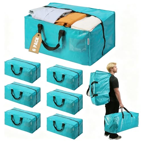 WORKPRO 6 Pack Extra Large Moving Bags with Backpack Straps & Handles | Heavy Duty Moving Storage Bags, Blue, Double Zippers for Moving, Dorm, Closet Storage, Travel & Space Saving - color: Blue, size: 6 Pack