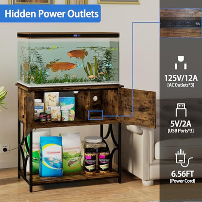 20-29 Gallon Fish Tank Stand with Power Outlets & LED Light | 330LBS Capacity, 30.7" L*15.7" W Tabletop, Cable Management, 20 Gallon Aquarium Stand with Storage for Turtle Tank, Brown - color: Brown