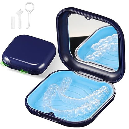 Retainer Case, Slim Aligner Case with Mirror, Compatible with Invisalign, Night Guard and Mouth Guard, Premium Retainer Case, With Aligner Remover Tool, Chew & Brush, Blue - color: Square: Blue