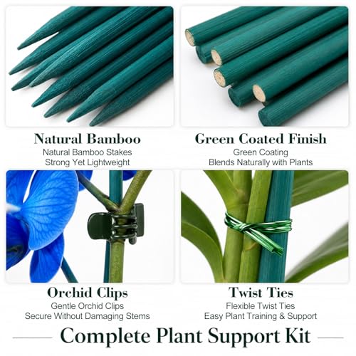 Jetec 110 Pcs 15 Inch Plant Support Kit for Small Orchids, Stakes, Clips | 30 Bamboo Stakes, 50 Reusable Clips, 30 Ties, Gentle Stem Support, Blends with Plants, for Small Orchids and Potted Flowers