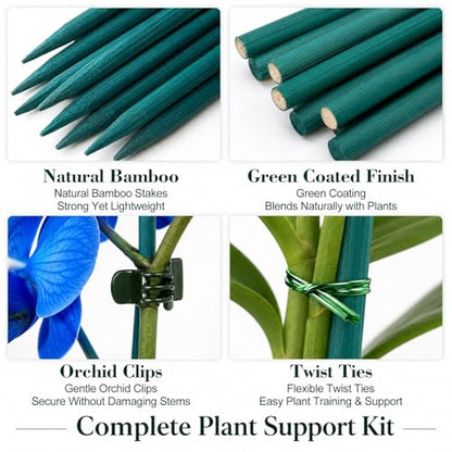 Jetec 110 Pcs 15 Inch Plant Support Kit for Small Orchids, Stakes, Clips | 30 Bamboo Stakes, 50 Reusable Clips, 30 Ties, Gentle Stem Support, Blends with Plants, for Small Orchids and Potted Flowers