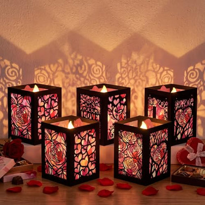 Retisee 24 Pcs Valentine's Day Decorations Paper Lanterns Craft Kits Valentine's Day Candles Holders Paper Boxes Lanterns DIY Craft Kits for Home Decorations Art Project - style: Valentine's Day
