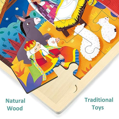 Wooden Nativity Puzzle for Kids 3 Year Old, 24 Piece Puzzles for Kids Ages 3-5 with Tray, Nativity Set Christmas Wooden Jigsaw Puzzle for Toddlers Ages 3 4 5 - style: 24 Piece