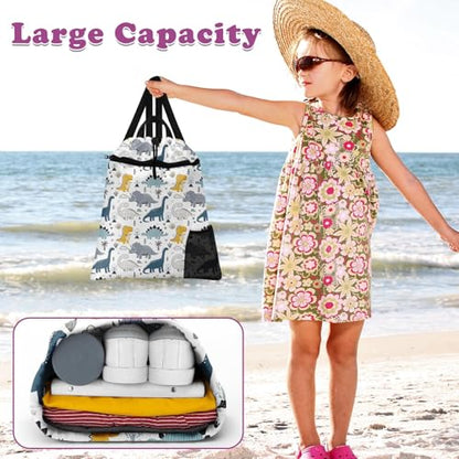 Cute Sketch Dinosaur Drawstring Backpack, 15” x 17” Waterproof Swim Bag for Beach Swimming Pool, Lightweight Foldable Gym Bag with Water Bottle Holder for Sports Travel - color: Cute Dinosaur
