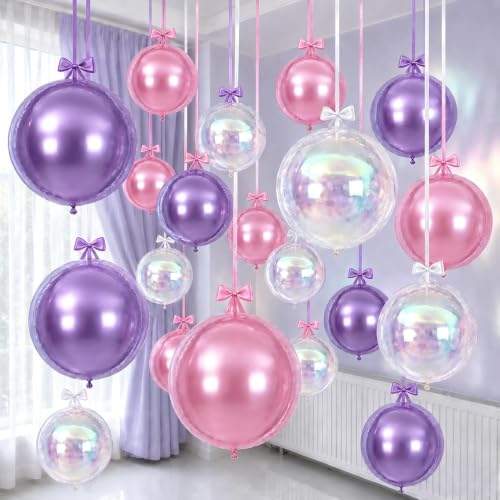 Togvu Iridescent Pink Purple Balloons, 15PCS Different Sizes 4D Round Foil - color: Pink Purple Iridescent