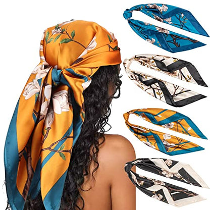 DRESHOW 35” Large Square Satin Head Scarf - 4Pcs Silk Accessories Classic Patterned Squares Beach Bandanas for Women - color: 4 Pcs: White, Orange, Black, Blue