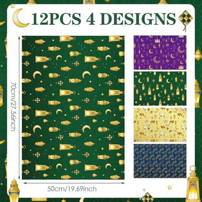 TAKEALOOK Eid Mubarak Gift Wrapping Paper - 12 Sheets Ramadan Kareem Paper, Muslim Arabic Islamic Crescent Moon Lantern Designs for Eid Al-Adha & Hajj Festival Party Decorations