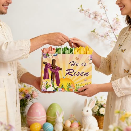 CMSSHUAI 12 Pcs Easter Religious Gift Bags with Tissue Paper, 13" Large Size He Is Risen Bags with Handles for Easter Gift Wrap Spring Egg Hunt - color: jesus 12