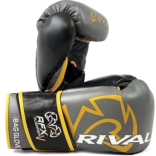 RIVAL Boxing RFX-Guerrero-V Bag Gloves, Multi-Layered Inner Foam Padding (HDEF), Premium Leather, Wrist Lock 2 System - color: Gray/Gold, size: 8 oz.
