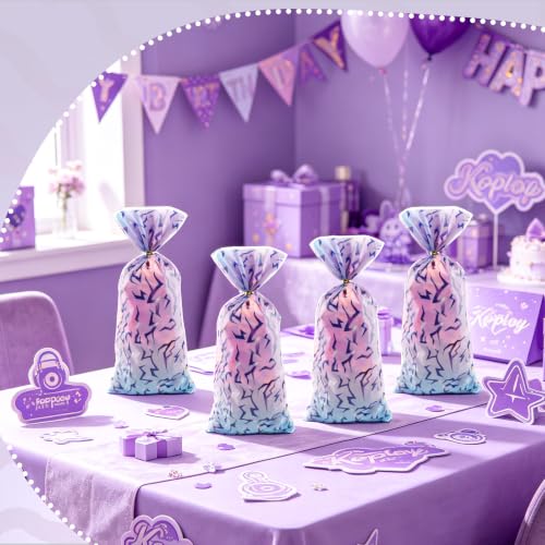 LERCTH Kpop Cellophane Bags with Gradient Abstract Pattern, Iridescent Purple Blue Plastic Treat Bags with Twist Ties for Party Favors - color: Kpop goodie bags 50 packs