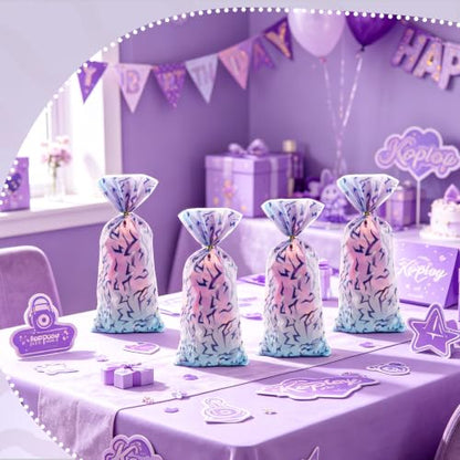 LERCTH Kpop Cellophane Bags with Gradient Abstract Pattern, Iridescent Purple Blue Plastic Treat Bags with Twist Ties for Party Favors - color: Kpop goodie bags 50 packs