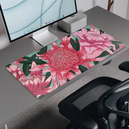 Pink and Red Flowers Desk Pad Mouse Pad,Large Gaming Floral Mouse Mat with Stitched Edges,Non-Slip Waterproof Rubber Base Mousepad for Office Work Home Desk Mat(27.5X11.8 in) - color: Pink Art Flowers