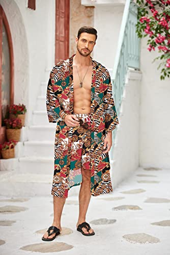 COOFANDY Men Lightweight 2 Piece Kimono Robe with Shorts Japanese Robes Casual Open Front Long Cardigan With Belt - color: White(luxury Print), size: X-Large