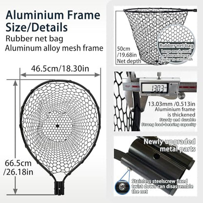 All Metal Telescoping Rubber Fishing Net with Handle Length: 59" Depth:19.7" Hoop: 26"x18" Large Silicone Fish Landing Net Pier/Kayak/Fishpond/Saltwater/Salmon Extendable Fishing Gear - color: Black with a Extra Replacement Net