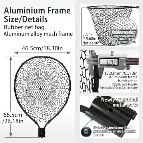 All Metal Telescoping Rubber Fishing Net with Handle Length: 59" Depth:19.7" Hoop: 26"x18" Large Silicone Fish Landing Net Pier/Kayak/Fishpond/Saltwater/Salmon Extendable Fishing Gear - color: Black