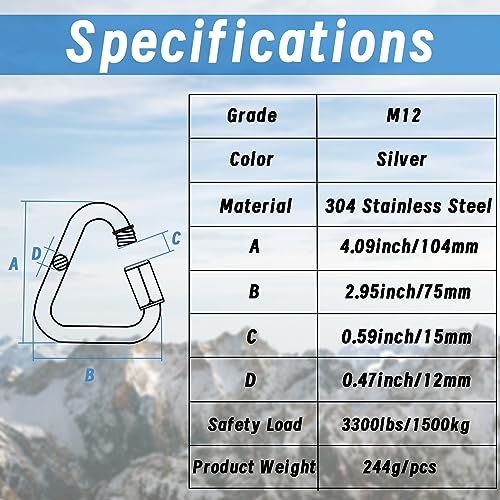 Anvin 1 Pack Large Quick Links M12 4.1Inch Heavy Duty Carabiner Stainless Steel Chain Links Connector Triangle Locking Chain Hooks Screw Links for Camping Outdoor Equipment Hammocks, 3300 Lbs Capacity - style: Triangle, 4.1 Inch, 1 Pack