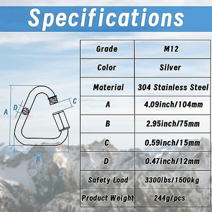 Anvin 1 Pack Large Quick Links M12 4.1Inch Heavy Duty Carabiner Stainless Steel Chain Links Connector Triangle Locking Chain Hooks Screw Links for Camping Outdoor Equipment Hammocks, 3300 Lbs Capacity - style: Triangle, 4.1 Inch, 1 Pack