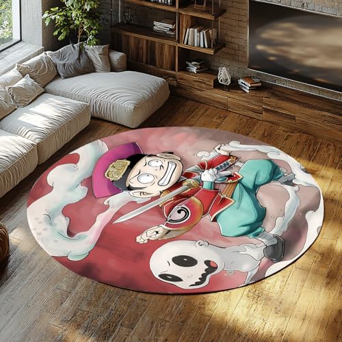 Cute Cartoon Round Area Rug 7ft for Playroom Vintage Chinese Warrior Ghost Boy Art Print Carpets Foldable Anti Slip Machine Washable Thin Floor Mats Office Chair Circle Rugs Laundry Room Decor - color: Ydt01, size: 7ft (Round)