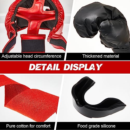 Kanayu 14 Pcs Boxing Gloves and Headgear Set for Beginners Youth 16 Ounce Boxing Gloves Headgear Helmet Hand Wraps Mouth Guards Equipment for Beginners Training Equipment Gifts - color: Black, Red