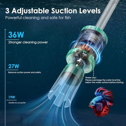 AKKEE Aquarium Vacuum Gravel Cleaner, 36W Electric Fish Tank Cleaner Vacuum, 8 in 1 Multifunctional Aquarium Cleaner for Automatic Water Change, Wash Sand, Water Circulation and Timed Off - color: Green