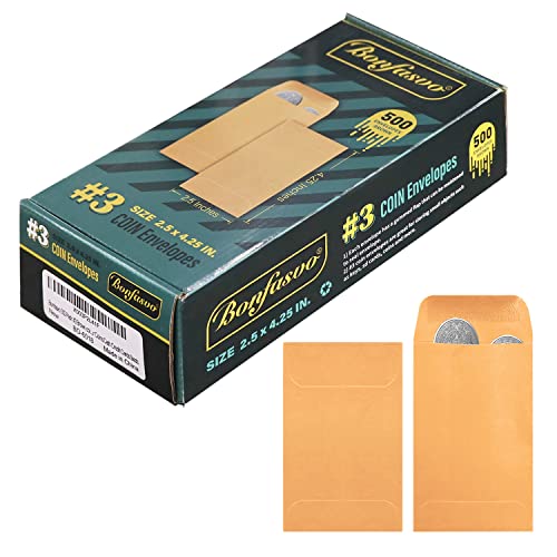 Bonfasvo 500 Pack #3 Brown coin envelope 2.5 x 4.25 inches Kraft Envelopes Classic Small Parts Envelopes with Self Adhesive Gummed Flap for Coins Cash Credit Cards Seeds - size: 500 Pack #3 (2.5''x 4.25'')