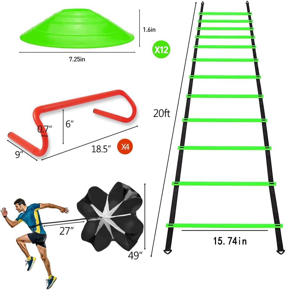 Speed & Agility Ladder Training Equipment Set, Includes 12 Rung 20ft Agility Ladder, 4 Agility Hurdles,12 Disc Cones, 1 Resistance Parachute for Training Football Soccer Basketball Athletes - color: green