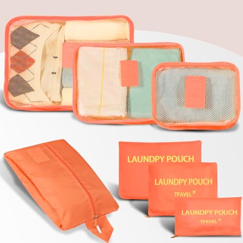 Trave Packing Cubes 7 Set Travel Organizer Bags Trip Compression Bags Luggage Packing Cubes for Suitcases Travel Accessories (Orange) - color: Orange