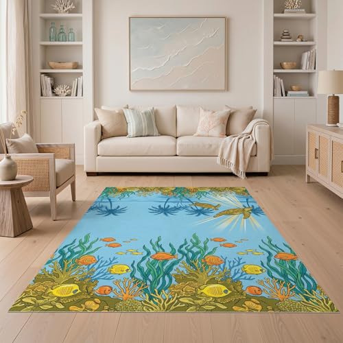 5'x7' Washable Beachy Sea Turtle Area Rug, Teal Non-Shedding Pet Friendly Carpet Easy Care Kids Safe Mat for Small Living Room, Playroom, Bedroom | Ref:1991881 - color: Blue/Pattern 46, size: 5' x 7' (Rectangular)
