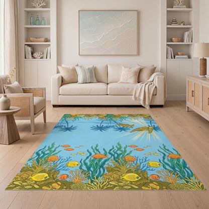 5'x7' Washable Beachy Sea Turtle Area Rug, Teal Non-Shedding Pet Friendly Carpet Easy Care Kids Safe Mat for Small Living Room, Playroom, Bedroom | Ref:1991881 - color: Blue/Pattern 46, size: 5' x 7' (Rectangular)