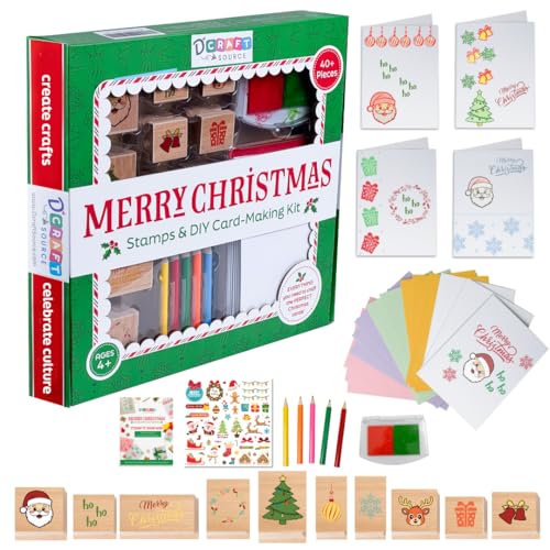 48 Piece Merry Christmas Craft Kit Wooden Stamp Set with Ink Pads Colored Pencils Stickers Cards Envelopes DIY Holiday Card Making Set for Kids Adults Classrooms Festive Family Fun - color: Christmas Set