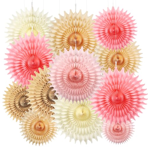 12PCS Paper Fans Champagne Gold Beige Boho Party Decorations Tissue Paper Flowers Decorations for Girl Groovy Birthday Baby Shower Wedding Bachelorette Room Wall Hanging Décor - color: Champagne