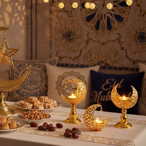 Yungyan 3 Pcs Ramadan Candlestick Holder Eid Mubarak Metal Moon Shape Tealight Candle Holder Ramadan Candle Stand Table Centerpieces for Islamic Party Wedding Festival Gift Decor